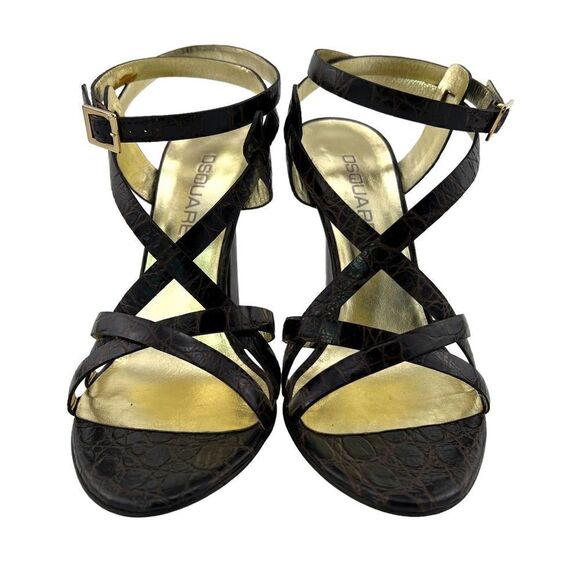 New Dsquared2 Women US 8 Brown Croc Embossed Leather High Heel Sandals | $650 - Picture 5 of 17